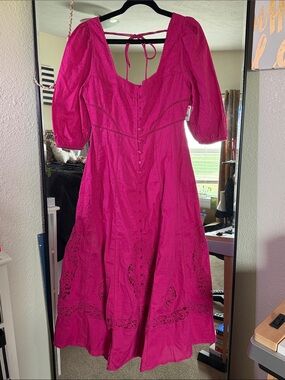 ***RARE*** Free People Fuchsia Embroidered Midi Dress - Elegant Tie-Back Detail